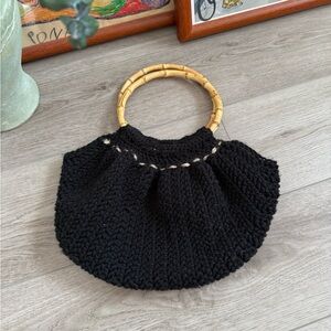 3/$18 VTG. Hand Knitted Black Bag with Bamboo Handle Grandma Core Retro